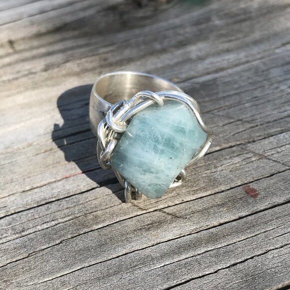 Blue Aquamarine Ring Sterling Silver 925 Statement Cigar Band Bohemian Cocktail - Picture 3 of 6